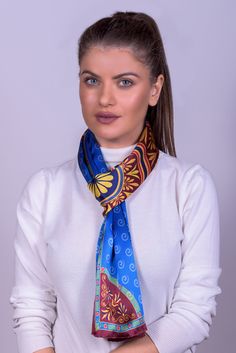 A blue silk scarf that is made from pure silk in Soufli, Greece by Kalfas. We design beautiful silk scarves. Creating with passion excellent quality silk scarves. Ancient Greece is our inspiration! Here are our Product details: Fabric : Crepe Satin 16m/m Dimension : 47cm x170cm Weight : 57gr Print : Digital Finished : by hand * Gift box included Our silk products are handmade and printed. These scarves for women are 100% Pure Silk Woman Handmade Printed Scarf. We design and create in our factory Traditional Blue Scarf As Gift, Blue Satin Silk Scarf As Gift, Blue Satin Silk Scarf For Gift, Elegant Blue Satin Silk Scarf, Traditional Blue Silk Scarves, Traditional Blue Silk Scarf, Bohemian Blue Silk Scarf For Gift, Bohemian Blue Silk Scarf As Gift, Bohemian Blue Silk Scarf Gift