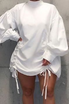 Plus Size Casual Half A Turtleneck Fold Design White Mini Dress Stylish Mini Dress Short Dress for Women Womens Fashion Ladies Dresses Online Loose Shirt Dress, Stylish Midi Dress, Style Bleu, Mandarin Collar Shirt, Mode Kimono, White Fashion Casual, Collared Shirt Dress, Lantern Sleeve Dress, Pleated Mini Dress