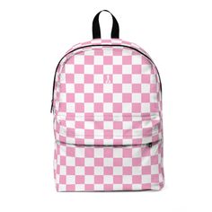 "With a classic style, durable construction, and details for all-day carrying comfort, this backpack is a must-have for your daily commute.  Whether to school or out for the occasional casual travel, this will surely add a little flair to your journey.  The design features a checkered pattern, simulating a Chess board, with the iconic \"Buenos New Chess\" logo centered on a dark square. .: Pink and White .: Made of 15.5 oz. Soft Nylon .: Lightweight and waterproof .: Adjustable shoulder straps L Chess Logo, School Bookbags, School Books, Pink Backpack, Book Bag, Bag Travel, Checkered Pattern, Backpack Purse, Travel Backpack