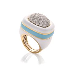 Cabana Ring with Accent Color- Brilliant-cut diamonds, white and light blue enamel, 18k gold and, platinum White Enamel Elegant Rings, White Elegant Enamel Rings, Elegant White Enamel Rings, Luxury Enamel Diamond Ring With Single Cut Diamonds, Luxury White Diamond Ring With Single Cut Diamonds, Luxury White Single Cut Diamond Ring, Formal White Enamel Rings, Luxury White Gold Enamel Diamond Ring, Luxury White Dome Ring With Brilliant Cut