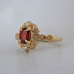 Read about our payment plans before proceeding. In the heart of this exquisite Faith ring, a crimson spinel nestles, a gem of nature's tender artistry. Embraced by delicate scroll-like motifs, each curve whispers tales of timeless elegance, bestowing upon it a vintage flair that dances with the echoes of ages past. Crafted by skilled hands, this ring is available in your choice of 14K and 18K yellow gold, rose gold, and white gold. All orders come in our Tippy Taste ring box. This ring is handmade and designed in NYC. 14K or 18K solid gold Natural red spinel, 6*4mm Natural round diamonds. SI clarity, GH color, 0.02ct total carat weight 1.5mm ring band ** Tippy Taste Heirloom Collection is made to order. Please allow 3-4 week turnaround time. Shipping:Domestic: Free shippingInternational: F Red Spinel, Ring Band, Natural Red, Ring Box, Gold Rose, Band Rings, Round Diamonds, Timeless Elegance, Solid Gold