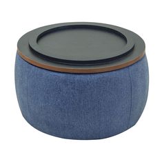 a blue stool with a black top and brown trim around the edge, on a white background