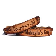 two wooden signs that say brandon's girl and makyla's guy