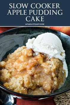 a close up of a bowl of food with ice cream on top and the words slow cooker apple pudding cake