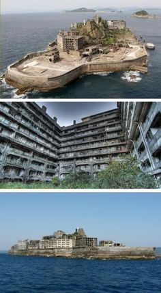 two pictures one with an island and the other with buildings on it, both from different angles