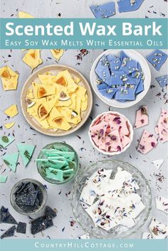 several bowls filled with different types of soaps on top of a table covered in confetti