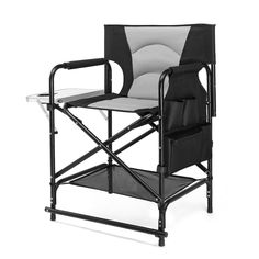 a black and white folding chair with a cup holder on the armrests is shown