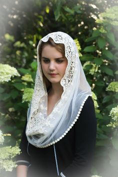 "Now available in a tapered rectangular wrap-style veil, our much-loved lace! In ivory or black. Choose style and color at checkout! CUSTOMER REVIEW: \"He who works with his hands is a laborer, he who works with his hands and his head is a craftsman, he who works with his hands, his head and his heart is an artist\". These words, who are by St Francis of Assisi well describe the beauty of the veil I have just received. It's simply perfect, soft and delicate even better in reality than in the pic Vintage Lace Wedding Veil, Lace Trim Veil, Christian Veils, Julien Fournié, Veil Mantilla, Catholic Veil, Blue Veil, Lace Mantilla, Mantilla Veil