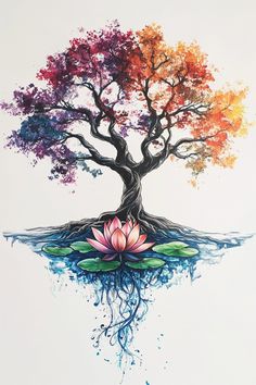 a painting of a tree with water lilies on it's leaves and roots