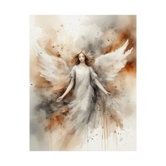 an angel with wings painted in watercolors on white and brown paper, surrounded by splotters of paint