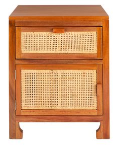 a wooden table with two wicker drawers on it's sides and one drawer open