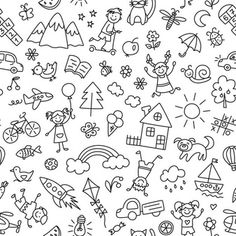 a black and white pattern with children's drawings