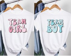 "💙 Get ready for the ultimate gender reveal celebration with our Retro Gender Reveal Shirt! This trendy T-shirt is perfect for the whole family and features \"Team Boy\" and \"Team Girl\" designs. Whether you're hosting a baby shower or want to add excitement to your gender reveal, our versatile and stylish Gender Reveal Group Shirt is a must-have. Grab yours now and let the anticipation begin! 👕 PRODUCT INFO The Bella + Canvas shirts are super soft and comfy! These t-shirts are made of light fabric and have ribbed knit collars to bolster shaping. They are extremely durable, and will withstand years of repeat washing and wearing. Shoulders, sleeves, and hems have taping for better fit over time. ✏️ DESIGN Designs are printed onto the shirt using Direct to Garment (DTG), which means the i He Or She Gender Reveal, Keeper Of The Gender, Pregnancy Gender, Gender Reveal Shirts, Group Shirts, He Or She, Reveal Party, Time Design, Girl T Shirt