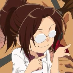 an anime character with glasses pointing to the side and looking at something in front of her