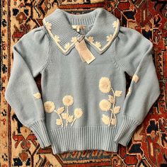 Love Shack Fancy Sweater, Blue Embroidered Winter Sweater, Blue Embroidered Long Sleeve Sweater, Loveshackfancy Sweater, Blue Vintage Sweater With Button Closure, Pullover Designs, Cornflower Blue, Knitting Designs, Colorful Sweaters