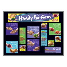 The bulletin board kit includes two 5-1/2” x 17” title header pieces (become 5-1/2” x 34”) and a variety of laminated cards. Sized to fit a 3’ x 4’ bulletin board. Can be easily adapted to fit any sized board. Bulletin board not included. When thinking about how to measure food portion sizes, look no further than your hands! The Handy Portions Bulletin Board Kit is a “handy” guide to help you determine proper portion sizes that uses photographs of foods in real hands to aid in identifying 1 cup Food Portion Sizes, Renal Recipes, How To Measure, Kids Nutrition, Food Safety, Small Plates