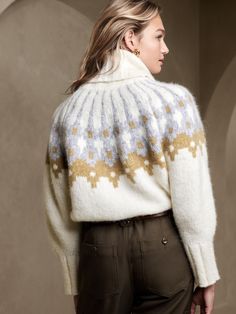 A freeing silhouette, this oversized fairisle sweater uses brushed alpaca, beloved for its lavish softness and luxurious warmth.  A classic fairisle pattern is just the winter statement you require for holiday parties or nights in front of the fire, Printed Turtleneck, Cream Turtleneck, Waffle Knit Sweater, Fair Isle Pattern, High Neck Sweater, Wool Turtleneck, Maternity Sweater, Banana Republic Sweater, Fair Isle Sweater