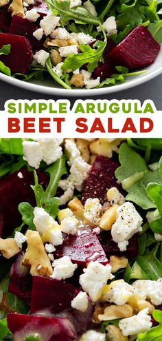 beet salad with feta cheese and spinach leaves