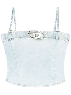 light blue cotton denim logo plaque logo-buckle detail detachable belt square neck spaghetti straps side zip fastening curved hem This item is in size L and the color is Blue Diesel Top, Denim Top Women, Denim Tank Top, Denim Tank, Dion Lee, Crossbody Tote Bag, Junya Watanabe, Sergio Rossi, Crossbody Tote