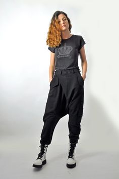 "Black Harem Pants, Drop Crotch Pants, Plus Size Clothing Black loose cotton pants,casual extravagant black pants. Woman black pants. Comfortable loose harem pants. This pantс is very convenient for your daily life. Model size:SIZE M (US 10, UK 14, Italian 44, French 42, German 40, Japan 11) bust: fits bust around 37.5\" / 95cm Waist: fits waist around 30\"/ 76cm Hips: fits hips around 40\"/ 102cm For overall height: 5'7\" / 170cm around Shop sizing chart Gabyga SIZE XXS (US 0, UK 4, Italian 34, Drop Crotch Pants Women, Black Pants Women, Loose Cotton Pants, Urban Clothes, Low Crotch Pants, Gothic Pants, Urban Apparel, Maxi Pants, Black Harem Pants