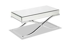 a white table with a glass top and chrome legs