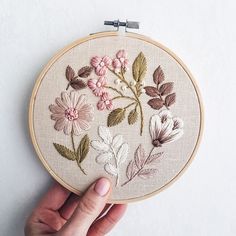 a hand is holding up a embroidery hoop with flowers on it