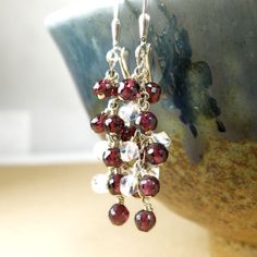 Red Garnet Earrings Cluster Gemstone Sterling Silver Long Briolette Faceted Beads Earrings As Gift, Faceted Briolette Beads Earrings For Gift, Faceted Beads Briolette Earrings For Gift, Handmade Garnet Earrings For Anniversary, Silver Garnet Earrings For Formal Occasions, Garnet Dangle Birthstone Jewelry, Garnet Birthstone Dangle Jewelry, Garnet Birthstone Drop Earrings, Red Garnet Earrings For Gifts