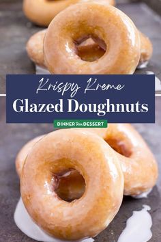 three glazed doughnuts sitting on top of each other with the words, krispy kreme glazed doughnuts