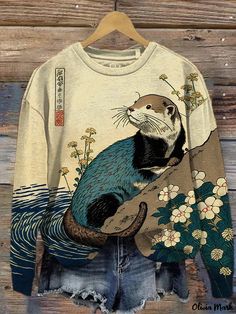 Olivia Mark - Digital Printed Round Neck Sweatshirt Top Water Japanese Art, Ocean Autumn, Sweatshirt Painting, Japanese Hoodie, Japanese Art Print, Dress Better, Life Styles, True Gentleman, Fun Clothes