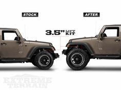 the jeep is shown before and after it has been fitted with an extra lift kit