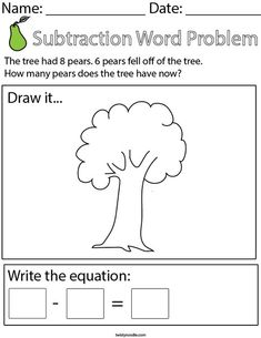 a worksheet with the words subtraction word problem and an image of a tree