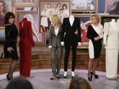 four women and two men standing in front of mannequins on a tv set