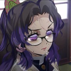 an anime character with purple hair and glasses