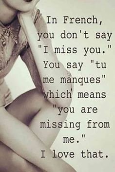 a woman sitting down with her hand on her chin and the words in french, you don't say i miss you