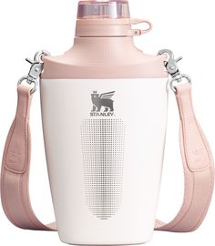 a pink and white water bottle with a strap around it's neck, on a white background