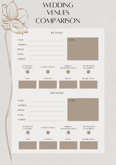 the wedding venue comparison sheet is shown in brown and white, with flowers on each side