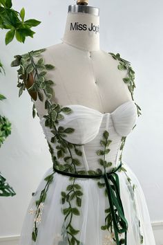 MissJophiel Corset Leaf Embroidered Midi Dress with removable Straps Wedding Dresses With Leaves, Leaf Applique Wedding Dress, Wedding Dress With Green Accent, Green Leaf Dress, Wedding Dress With Green Accents, Mushroom Wedding Dress, Wedding Dress With Vines, Vine Wedding Dress, Fantasy Corset Outfit