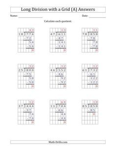 the long division with grids answers are shown in this worksheet, which includes two