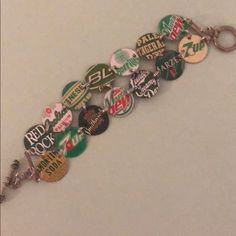 a key chain with various bottle caps on it