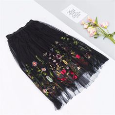 Women's Spring Puff Mesh Tulle Long Skirt - Zorket Summer Lace Skirt With Embroidery, Summer Embroidered Lace Skirt, Black Lace Skirt For Spring, Spring Black Lace Skirt, Black Lace Skirt For Summer, Black Lace Summer Skirt, Black Skirt With Floral Embroidery For Party, Black Floral Embroidered Skirt For Parties, Black Floral Embroidery Skirt For Party