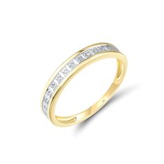 a yellow gold wedding ring with princess cut diamonds on the sides and channeled in white stones