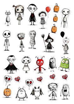 various cartoon characters with different expressions and colors on them, all dressed up in halloween costumes