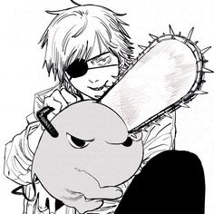 an anime character holding a large object in his hand