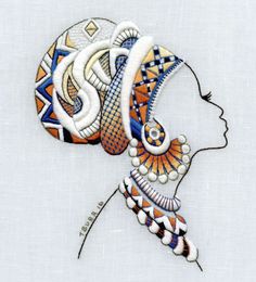 a drawing of a woman's head with colorful designs on it