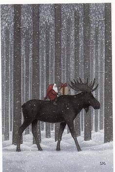 a santa clause riding on the back of a moose through a forest filled with trees