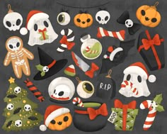 a collection of halloween themed items including hats, scarves and candy canes on a black background