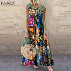 Bohemian Summer Dress Sleeveless Floral Printed Sundress Robe Vintage Kaftan Beach Vestido Femme Sarafans Plus Size  Price: 34.20 & FREE Shipping  #partyoutfit Sukienki Plus Size, Sundress Summer, Long Sleeve Print Dress, Vestido Casual, Dress Robes, Boho Stil, Hot Dress, Bohemian Dress, Printed Maxi Dress