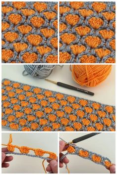 the crochet pattern is being worked on by someone using yarn to make it