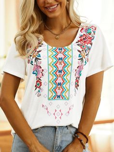 Product Details Product Title: V Neck Boho T-Shirt QAW45 S: (CM) Shoulder 39.2,Bust 98,Sleeve Length 19.5,Length 65 M: (CM) Shoulder 40.5,Bust 103,Sleeve Length 20,Length 66.5 L: (CM) Shoulder 41.8,Bust 108,Sleeve Length 20.5,Length 68 XL: (CM) Shoulder 43.1,Bust 113,Sleeve Length 21,Length 69.5 XXL: (CM) Shoulder 44.4,Bust 118,Sleeve Length 21.5,Length 71 3XL: (CM) Shoulder 45.7,Bust 123,Sleeve Length 22,Length 72.5 Clothes Length: Regular Sleeve Length: Short sleeve Edition type: Fit Elasticit Spring Patterned Short Sleeve T-shirt, White Bohemian Cotton T-shirt, White Printed Cotton Tops, Patterned Graphic Tee For Summer, Summer Patterned Graphic Tee, White Printed Casual T-shirt, Casual White Printed T-shirt, Spring White Tops With Graphic Print, Casual Patterned Spring T-shirt