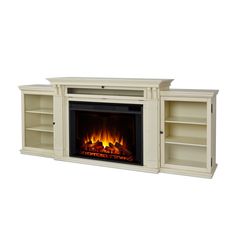 an entertainment center with a fire place and bookcases on the sides, in white